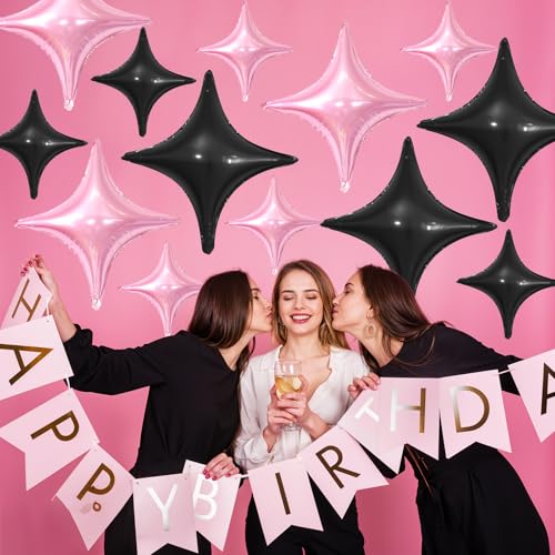Image of Pink Black Star Balloons,12Pcs Four Angle Star Foil Balloons | 26Inch and 10Inch Pink Black Quadrangle Star Helium Balloon for Birthday Baby Shower Wedding Party Decorations