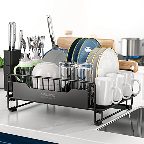 Yasonic Dish Drying Rack With Drainboard - Small Stainless Steel Dish Drainer With Swivel Spout - Dish Racks For Kitchen Counter- Rustproof Dish Rack With Removable Utensil Holder - Black #TOP9