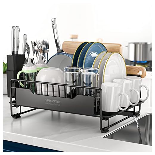 YASONIC Dish Drying Rack with Drainboard - Small Stainless Steel Dish Drainer with Swivel Spout - Dish Racks for Kitchen Counter- Rustproof Dish Rack with Removable Utensil Holder - Black