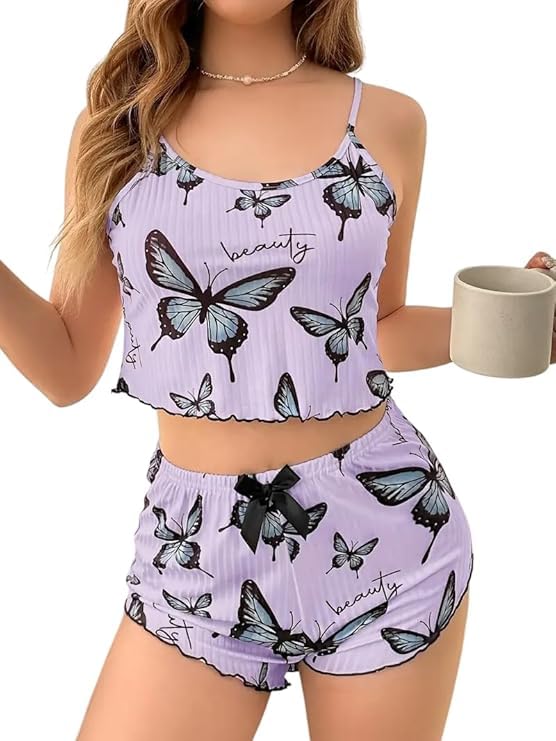 Image of SGC SWEDEN Women's Babydoll Lingerie Set with Boyshorts Panty, Cotton Blend, Multi-Colour, Free Size, 30-36 Inches, Adjustable Straps