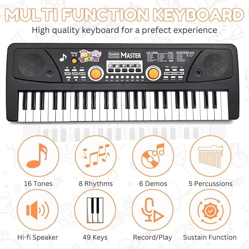 Image of Piano Keyboard with Mic | 49 Keys, 8 Rhythms, 16 Tones, 6 Demo Songs & 5 Percussions | Electronic Musical Toy for Boys & Girls Age 3 Plus | Educational & Recording Keyboard for Beginners-Black
