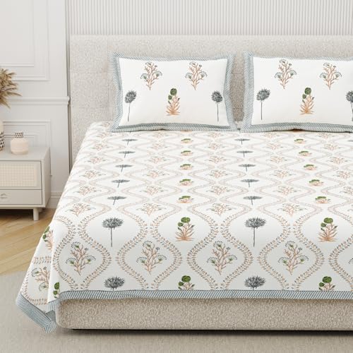 Image of DE CAMA Since 1997 | 100% Cotton 300 TC Premium Super King Size Bedsheet for Double Bed (108 x 108 Inch) with 2 Pillow Covers Set (17 x 27 Inch) Hand Block Printed Bedsheet Set - Urbana White