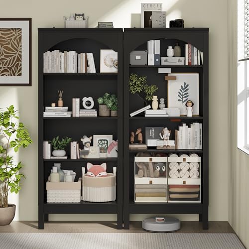 Image of 56 inch H Tall Bookshelf and Bookcase, Arched Book Shelf with 4-Tier Open Shelves, Wooden Storage Bookcase Freestanding Display Bookshelves for Bedroom, Living Room, Black