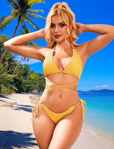 Image of Women Bikini Set Metal Ring Two Piece Swimsuit | Various Wear Way,High Elasticity Breathable Fabric,Cross Strap Design Bathing Suit Swimwear