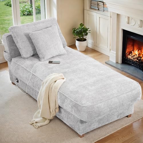 DIFYHOMEY Chaise Lounge Chair Indoor with USB & Type C Charging Ports, Chenille Sleeper Lounge Sofa Bed with Side Pocket, Wood Framed Indoor Lounge Chair with Lumber Pillows for Living Room, Bedroom