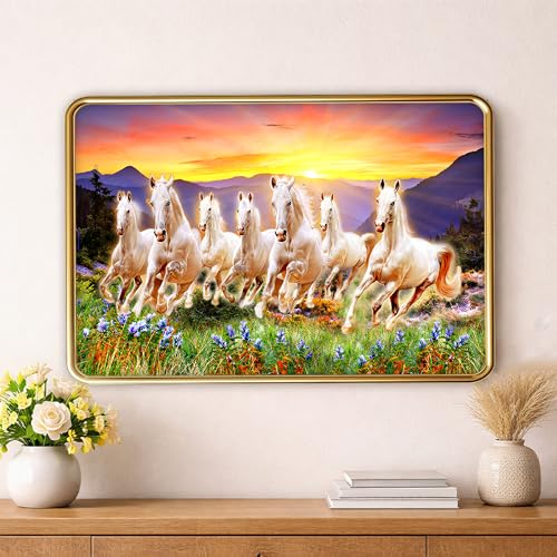 Image of XOPY Seven Running Horses with Golden Frame | Vastu 7 horses Raw Pyrite Painting for Home, Office & Living Room Wall Decore | 12X18 Inch Sparkle Laminated Frame | Best For Gifting (3095, 12X18)