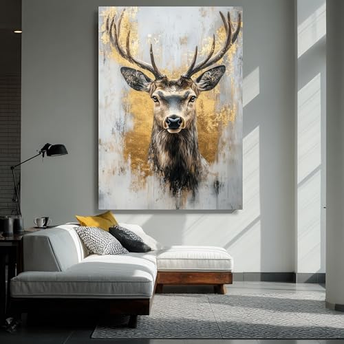 Tête de cerf dorée tableau nature pour habiller un mur vide salon