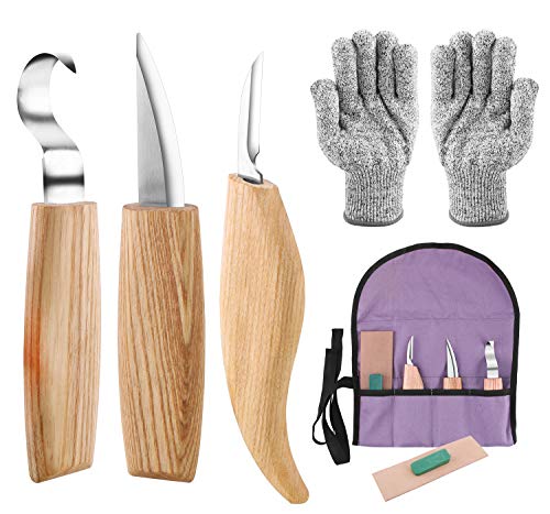 Juego de herramientas 6 en 1 para tallar madera para principiantes, incluye cuchillo Whittling, cuchillo de tallar, guantes resistentes a los cortes, cuchillos para tallar la madera