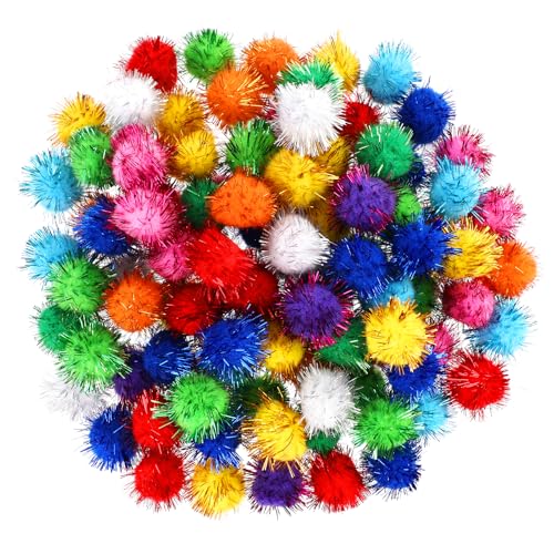 100 Pcs Cat Pom Pom Balls Fuzzy Balls for Cats Interactive Pom Pom Cat Toys Assorted Color Flash Ball Cat's Favorite Toy Ball Tinsel Glitter Pom Pom Balls Sparkle Balls for Cats Kittens 1 Inch