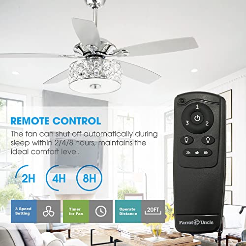 Parrot Uncle Ceiling Fans With Lights And Remote Crystal Chandelier Ceiling Fan With Light For Bedroom 52 Inch Outdoor Ceiling Fans For Patios Covered, Silver #TOP2