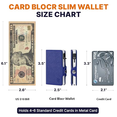 Image of Conceal Plus Pop Up Wallet for Women | RFID Blocking Slim Card Holder for Small Purse & Crossbody Bag | Compact Aluminum Wallet | Holds 4-6 Cards | Saffiano Navy Blue