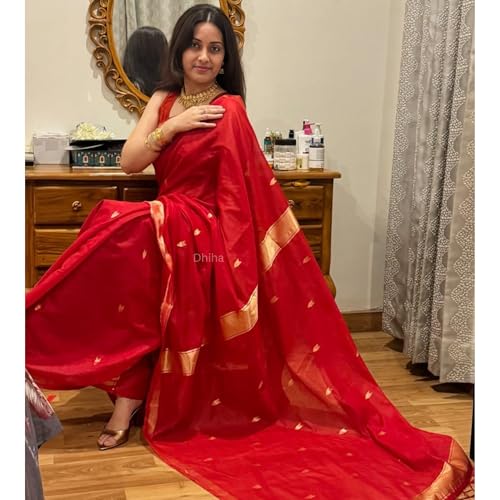 Image of Original Maheswari Cotton Silk Saree for Women | Kanjivaram Pure Silk Cotton Sari with Blouse | Zari Work | Tassels | Handloom Weave