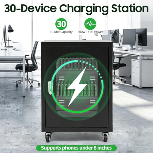 Image of 30 Slots Cell Phones Charging Station, Rechargeable Cellphone Locker Storage Charging Station, Mobile Charging Cart with Charging Ports, Wheels & Combination Lock (Black)