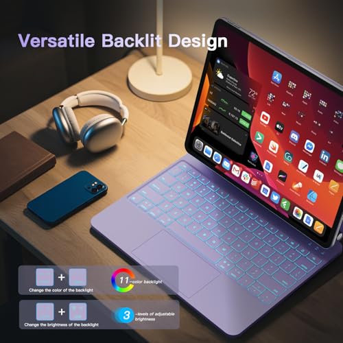 Image of RAYMCRAFT for iPad Air 13-inch Case with Keyboard (M4 /M3 /M2, 2026 /2025 /2024) & iPad Pro 12.9 (6th /5th /4th /3rd) Magic Keyboard, 11-Color Backlight, Multi-Touch Trackpad with Safe Pencil Buckle, Purple
