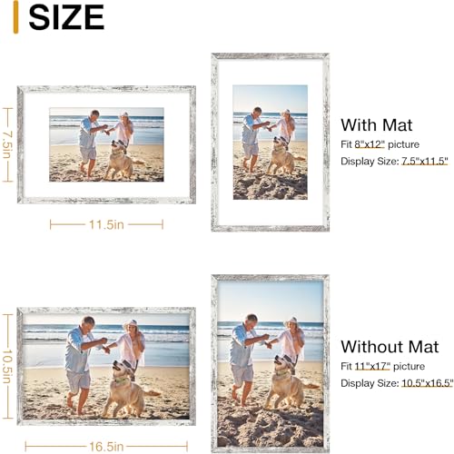 decorUhome 11x17 Picture Frame, Display Pictures 8x12 with Mat or 11x17 without Mat, Wall Hanging Poster Frame, Distressed White, 1 Pack