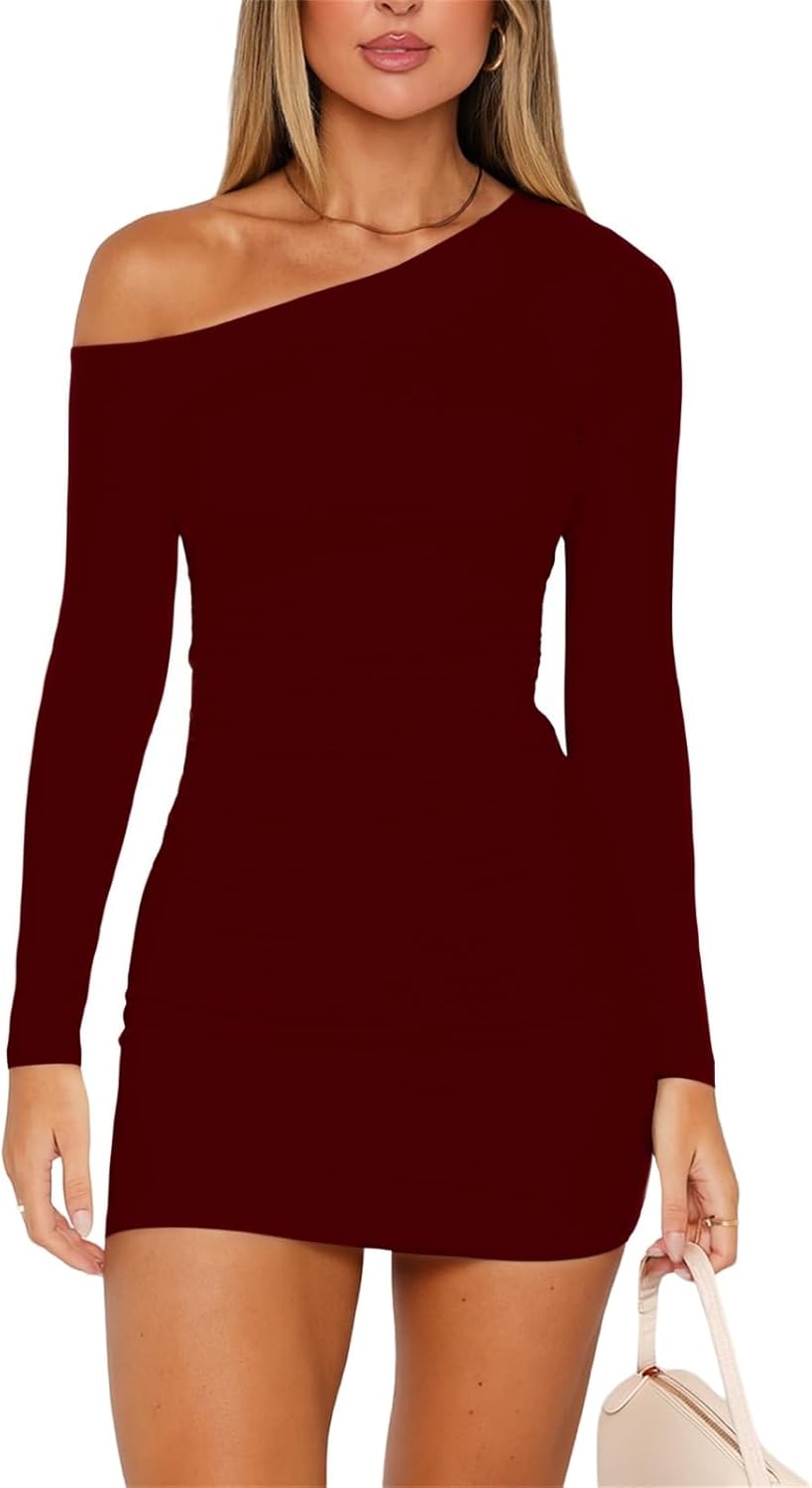 ForeFair Women's Off The Shoulder Long Sleeve Mini Dresses Double Lined Ruched Bodycon Club Party Going Out Outfits