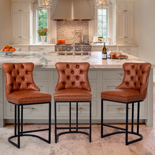 Image of UVV Counter Height Bar Stools Set of 1, 26 inch Modern Barstools with Back, Faux Leather Upholstery Counter Chairs with Metal Legs for Kitchen Island, Bar, Counter, Brown