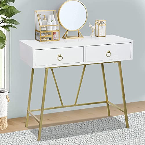 Anmytek Modern Home Office Desk, 35.4 Inch Makeup Vanity Table White Study Desk 2 Drawers Writing Desk Computer Desk With Golden Legs, D0002 #TOP7