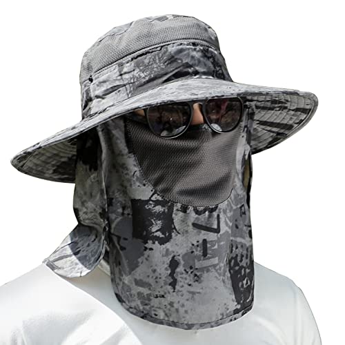 Image of UPF 50+ Sun Fishing Hat for Men Women Wide Brim Hat with Detachable Face Cover & Neck Flap