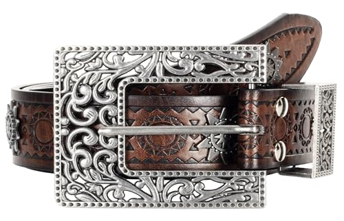 Image of Adjustable Vintage Western-Belts for Women Men Engraved Buckle-Belts Cowboy-Cowgirl-Belt (Waist for 29 inch-39 inch)