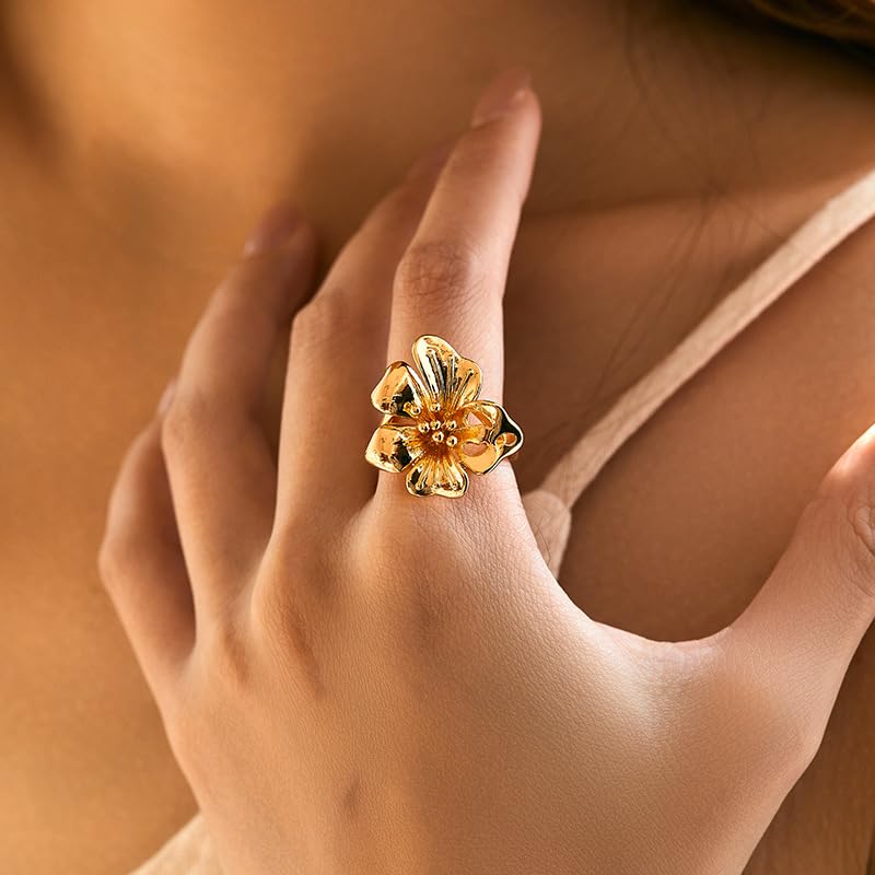 Vintage Gold Flower Ring for Women Adjustable Statement Trendy Floral Finger Rings Elegant Wedding Promise Band Stackable Comfort Fit Summer Beach Bohemian Holiday Chic Jewelry for Her2