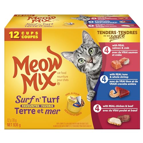 Meow Mix Tenders in Sauce Surf and Turf Favourites Wet Cat Food Variety Pack of Chicken & Beef, Tuna & Salmon, Shrimp & Crab, 78 g (Pack of 12) image 7