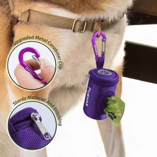 Image of FURHAB Dog Poop Bag Holder for Leash Doggie Waste Bag Dispenser Soft Fabric Puppy Potty Carrier Small Doggy Zipper Pouch with Carabiner Clip 1680D Nylon Oxford with 1 Roll of Pet Trash Bags, Purple