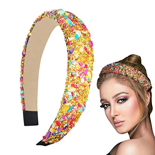 LOKFAR Velvet Padded Rhinestone Headbands Jeweled Adult Headbands for Women, Fashion Crystal Gem Embellished Hair Hoop Colorful Beaded Headbands Party Wedding Headbands for Hair Accessory (Rainbow)