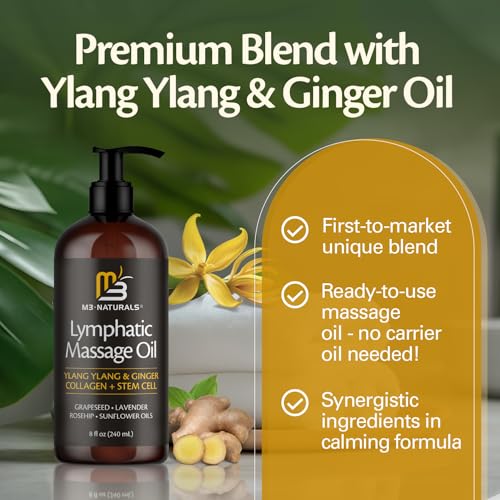 Image of Lymphatic Massage Oil for Massage Therapy - Lymphatic Drainage Oil for Body Care Circulation & Detox Support with Ylang Ylang, Ginger, Lavender, Grapeseed, Vitamin E & Stem Cell (8 Fl Oz) by M3