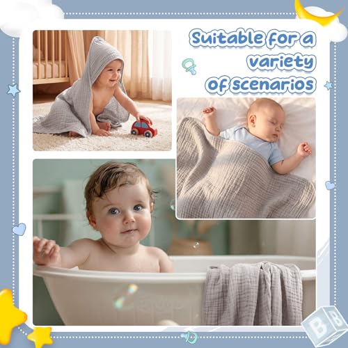 Image of Breling 12 Pcs Muslin Hooded Baby Bath Towel, Hand Towels and Washcloth Set, 36 inchx 36 inch Cotton Newborn Bath Towel Cotton Absorbent Blanket Unisex Newborn Gift Essentials for Girl Boy (Light Grey)