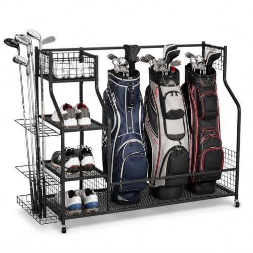 Zevemomo Metal Golf Bag Storage Organizer with Wheels for Garage, Golf Bag Storage Rack, Golf Bag Holder for Garage, Large Golf Equipment Storage Organizer for Golf Clubs, Hats, Gloves, Balls, Black by Zevemomo - Used condition - US$59.89