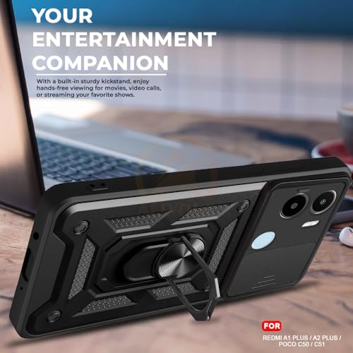 Image of Armor Bumper Back Cover Case for Redmi A1 Plus /Poco C50 Rotating Camera Cover, Ring Holder & Kickstand | Heavy Duty & 360 Degree Protection Redmi A1 Plus /Poco C50 Back Cover (Black)