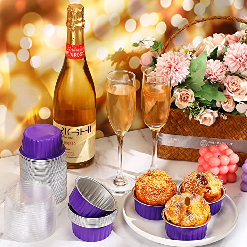 200 Pcs Aluminum Foil Baking Cups 5 Oz Disposable Ramekins Mini Cake Pans With Lids Desserts Flans Cupcake Liners Pudding Cups For Muffin Pie Pudding Creme Wedding Party Valentines (Purple) #TOP6