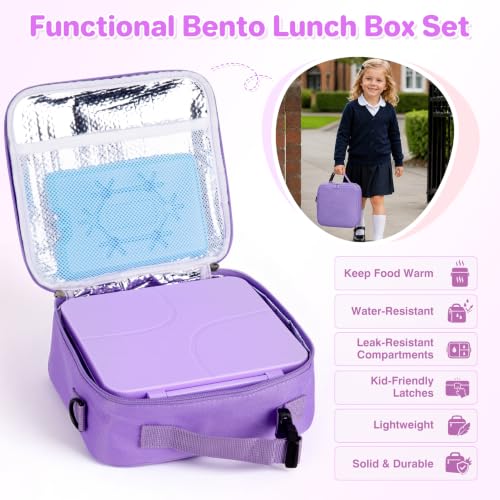 Image of Bento Lunch Box with 8oz Soup Thermo,Kids Leakproof 4 Compartment Lunch Food Containers with Sauce Cup and Ice Pack,Kids Thermo Insulated Hot Food Jar and Lunch Bag for School,Trvael-Purple