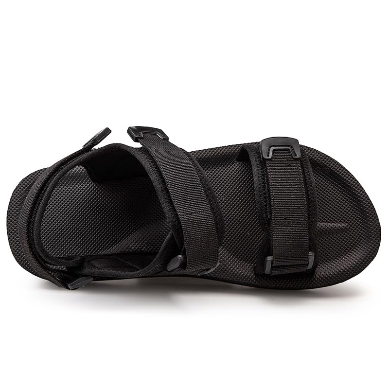 Men's Flat Sandals, Open Toe, Adjustable Straps, Non-Slip Sole, Black, Big Size2