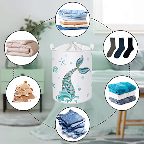 Clastyle 45L Adorable Kids Mermaid Laundry Hamper Blue Seashell Starfish Collapsible Laundry Basket With Drawstring Waterproof Sea Theme Toys Storage Basket With Handle, 14 * 17.7 In #TOP5