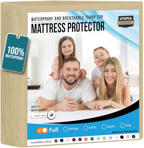 Utopia Bedding Waterproof Mattress Protector Full Size, Premium Terry Mattress Cover 200 GSM, Breathable, Fitted Style with Stretchable Pockets (Beige)