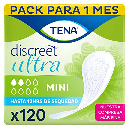 TENA Discreet Mini Ultra 6 x 20 - son nuestras compresas más finas y ofrecen protección discreta y segura para las pérdidas de orina leves - 120 Bolsitas Individuales - Paquete Mensual. Ultrafina.