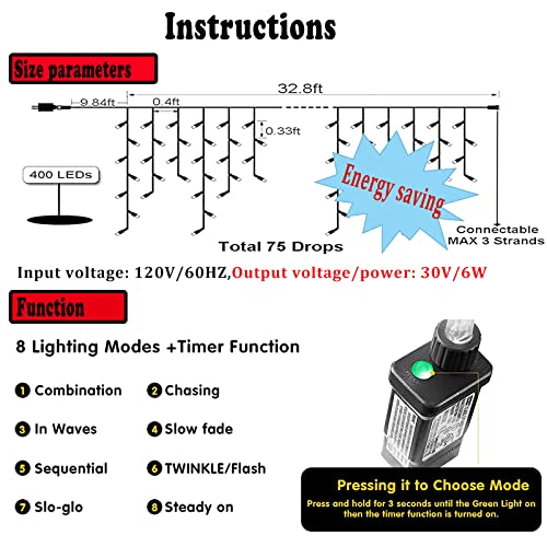 Led Icicle Christmas Lights Outdoor Decorations,400 Led 32Ft 8 Mode Clear Wire String Lights With 75 Drop,Plug In Extendable Christmas Lights For Garden Decoration, Festival, Holiday(Multicolor) #TOP1