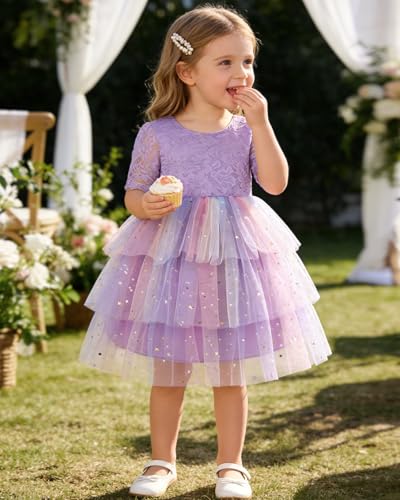 Coedody Toddler Flower Girl Dress 2-8Y Embroidered Lace Back V-Neck Tulle Dress for Party Wedding Tea Party — view 4