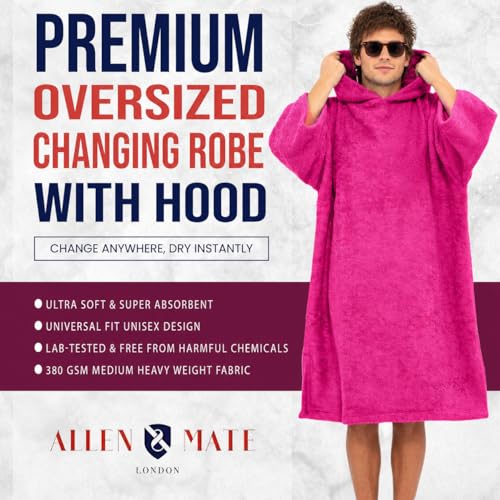 Image of ALLEN & MATE 100% Cotton Hooded Surf Poncho Changing Robe - Quick Absorbent Changing Towel with Pocket for Surfing Men Women