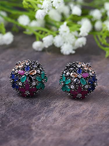 Image of silver plated handcrafted Cubic zirconia & multicolor stone studded Studs Earrings
