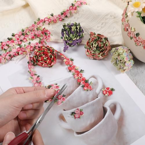 KFHENSOMR Floral Lace Ribbon Trim, Rose Lace Flower Trim for Sewing Decorating 5 Yards Rose Embroidered Polyester DIY Laces Floral Applique Craft, 2.2cm Width for Wedding Dresses Party Decor Clothes