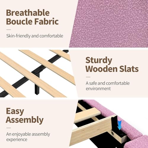 Image of BarnFurin King Bed Frame, Cloud Boucle Headboard, Low Profile, Rose Pink