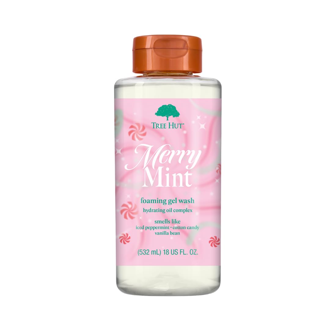 No cap Tree Hut Merry Mint Foaming Gel Wash, Moisturizing & Hydrating Body Wash with Shea Butter, Gently Cleanses for Soft, Fresh & Radiant Skin, Holiday Gift & Stocking Stuffer, 18 fl oz