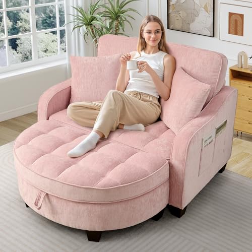 Image of Oversized Chair and A Half, Chenille Tufting Accent Cozy Reading Sofa Chair with Storage Ottoman, Upholstered Loveseat Chaise Lounge Sofa with Adjustable Back for Living Room, Office, Sunroom, Pink