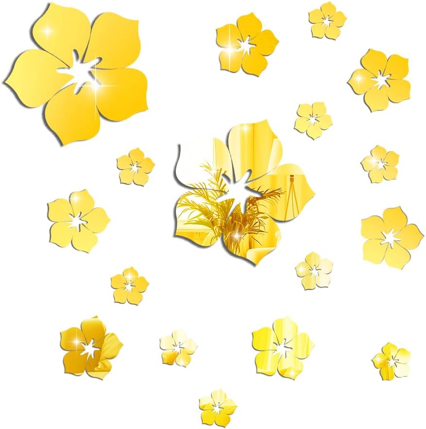 18 Pcs 3D Flower Mirror Wall Stickers, Acrylic Adhesive Removable Gold Wall Decor, Family Floral Art Mirror Decals Peel and Stick for Bathroom Home Living Room TV Background Sofa Backdrop Bedroom