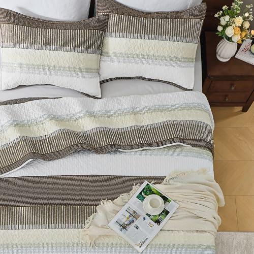 Image of Andency King Size Quilt Set Mocha Brown, 3 Pieces Summer Ultra Soft Lightweight Bedspreads & Coverlets Set, Patchwork Striped Quilted Bedding Sets for All Seasons (1 Quilt, 2 Pillow Shams)