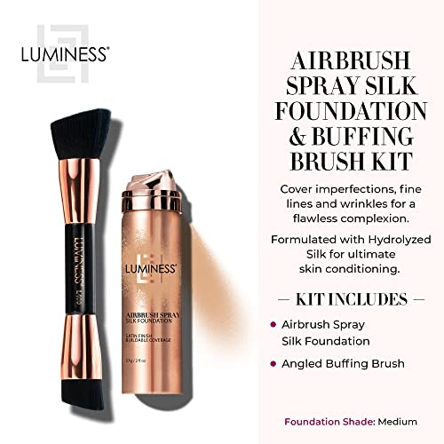 Luminess Silk Airbrush Spray Foundation & Buffing Brush Kit – Full Coverage Foundation & Dual-Sided Buffing Brush - Buildable Coverage, Anti-Aging Formula Hydrates & Moisturizes (Shade - Medium) #TOP1