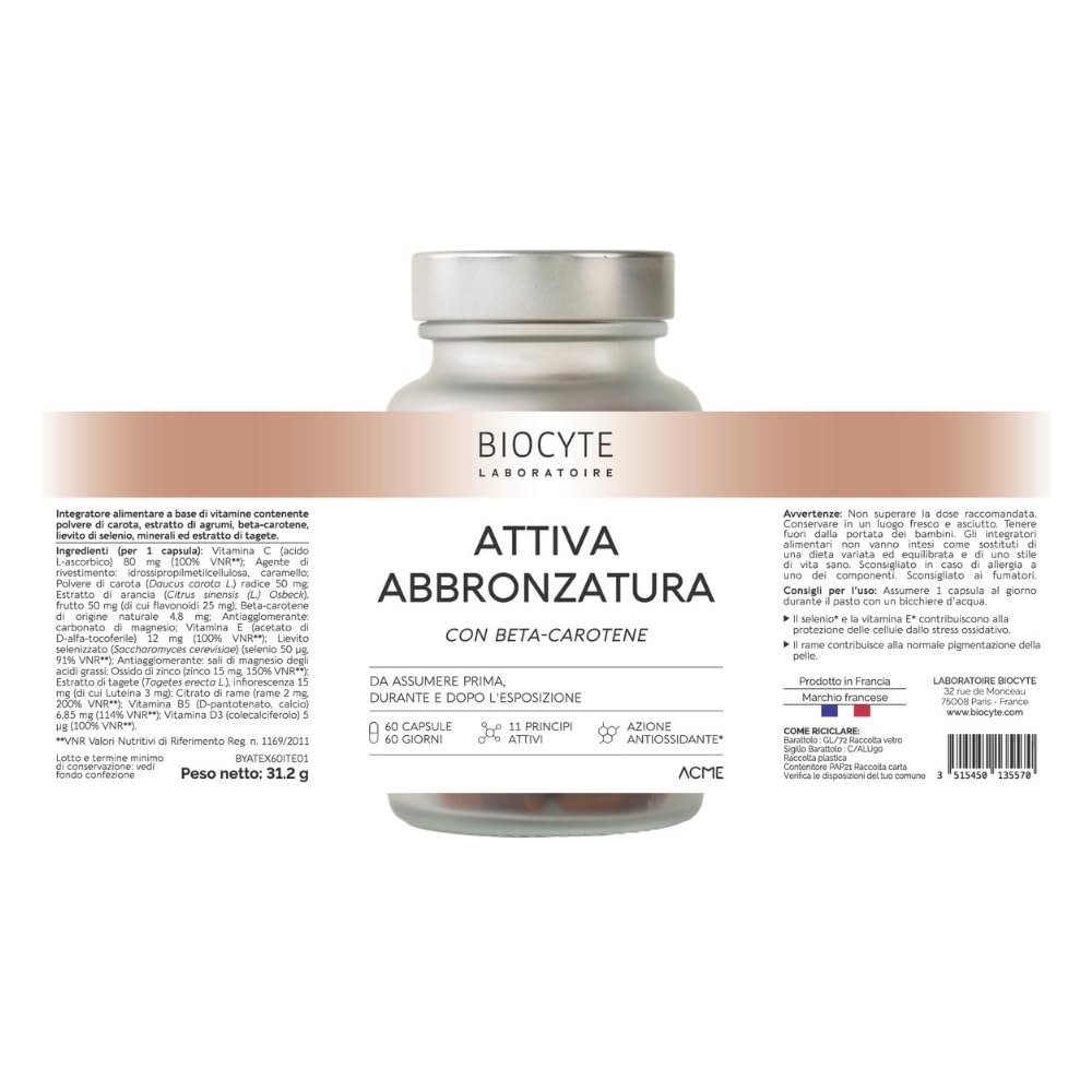 Biocyte Attiva Abbronzatura - Preparatore Solare - Integratore con Betacarotene - Rame, Vitamina D3, Vitamina E - Attivatore Abbronzatura Pelle Viso e Corpo - Vegano - 60 Capsule - 2 Mesi